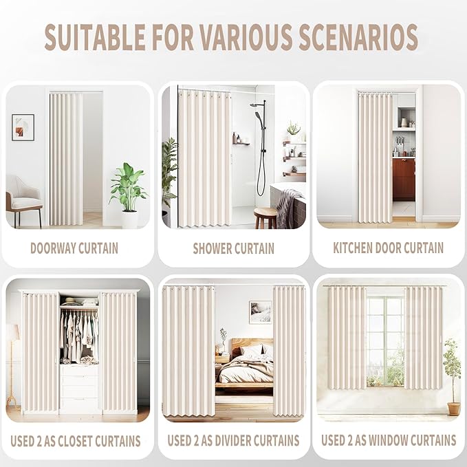 Vatge Closet Curtains, Accordion Style Door Curtains for Doorways, Pleated Folding Doors Curtain for Closet and Room Divider, 1 Panel, W39 x L78, Beige