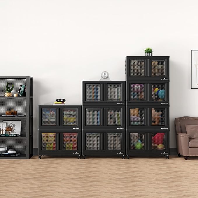 600Qt Stackable Storage Bins with Lids, 150Gal Closet Organizers and Storage Drawer, Plastic Collapsible Storage Bins with Doors, Heavy Duty Store Box Cabinet for Home Office, 6 Pack Black