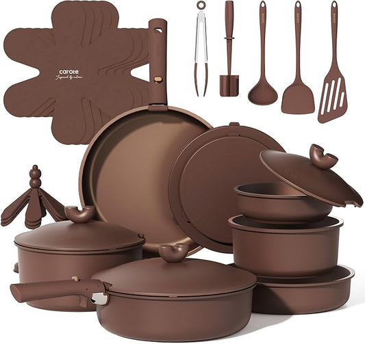 CAROTE 27pcs Pots and Pans Set Non Stick, Gift Set Nonstick Cookware Die-cast Aluminum Detachable Handle, Dishwasher/Oven Safe, Induction Cooking Pot and Pan Sets, Coffee, RV Kitchen Cookwares