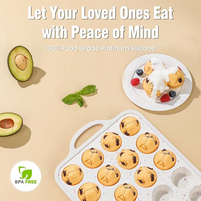 Silicone Mini Muffin Pan With Metal Reinforced Frame - 24 Cups Durable Silicone Cupcake Pan for Muffin, Cupcakes, BPA Free and Dishwasher Safe - 1 Piece Beige with Rainbow Spots