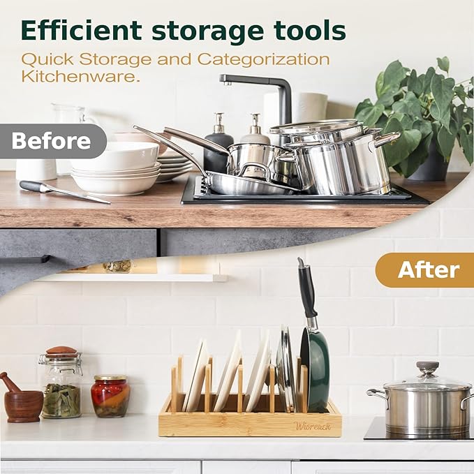 Bamboo Pot Lid Organizer, Adjustable Kitchen Organizer for Cabinet, Expandable Pot and Pan Storage Rack, Kitchen Organization for Lids, Bakeware, and Cutting Boards