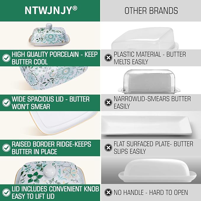 Butter Dish With Lid For Countertop-Ceramic Butter Dish with Knob Handle-Dishwasher Safe Butter Keeper&Serving Tray,Large Storage Keeper Holder for Kitchen-Elegant Gift for Women,Mothers,Housewarming