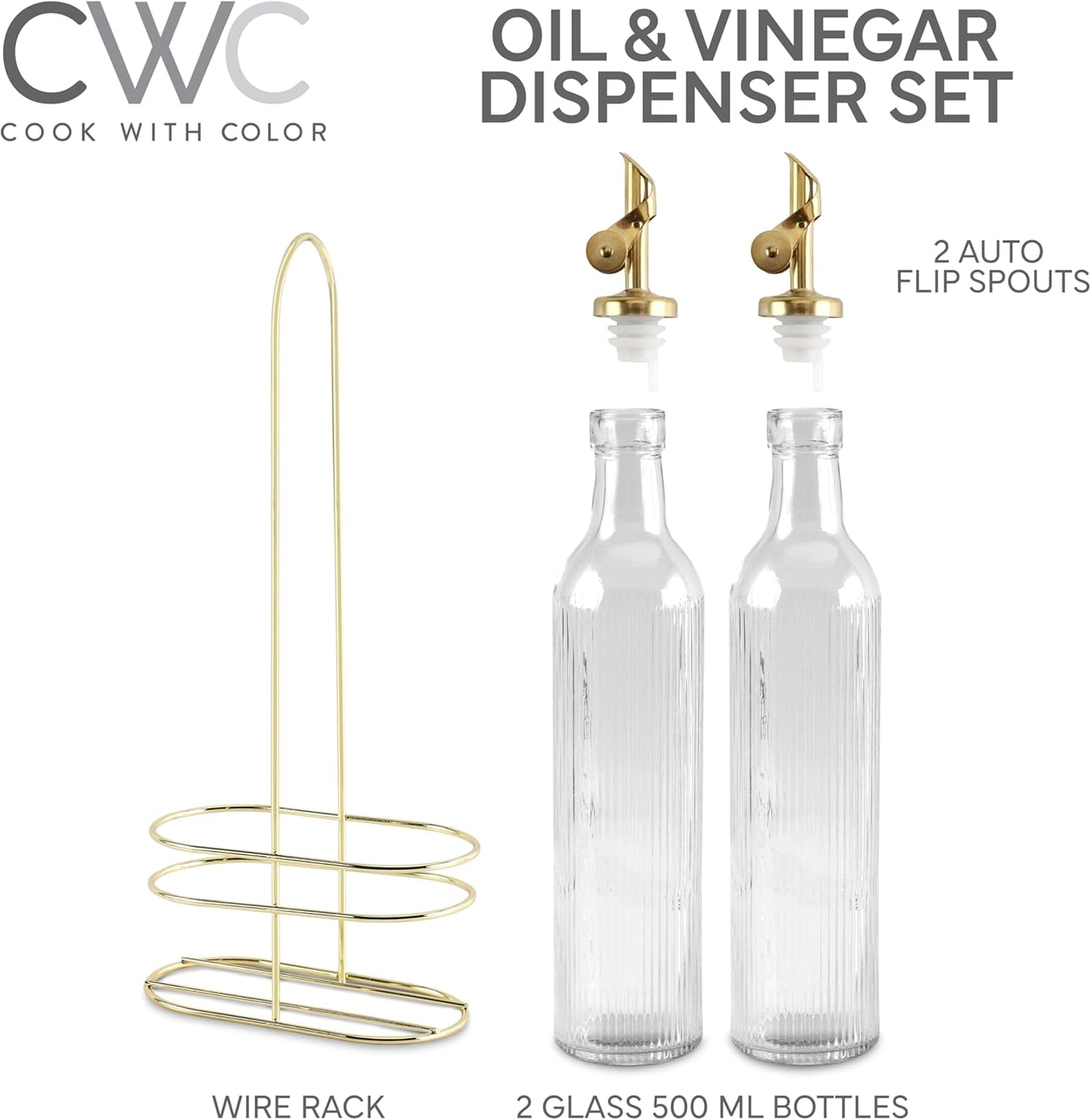 COOK WITH COLOR Glass Olive Oil Dispenser Bottle - 2 Pack, 17 oz Cruet - Elegant Carafe Decanter with Spout for Kitchen, Suitable for Vinegar, Coffee Syrups & Other Liquids