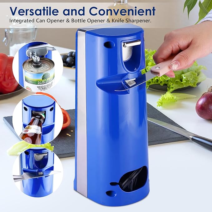 Davivy Electric Can Opener for One Touch Lid Opening,Removable Stainless Steel Cutter and 3-in-1 Design with Knife Sharpener and Bottle Opener. Blue