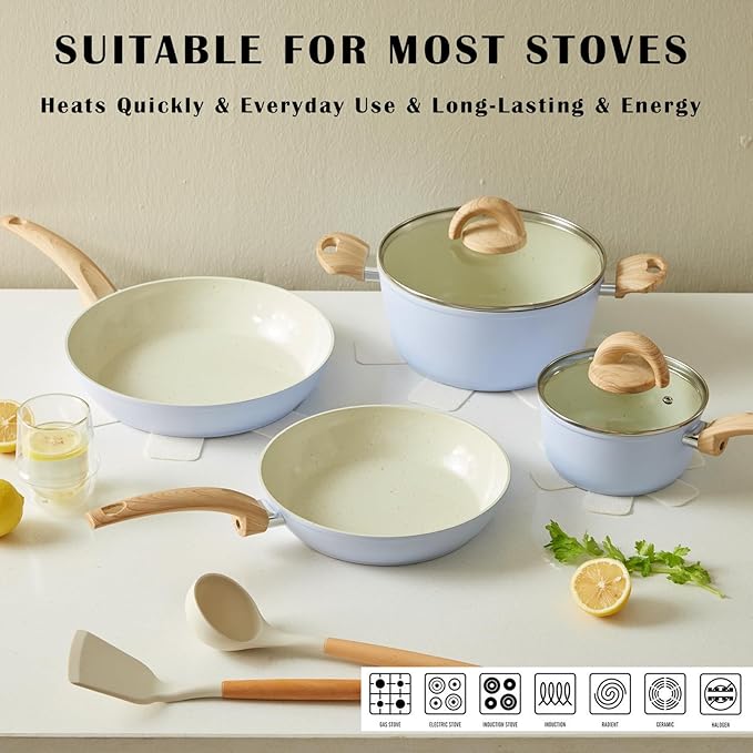 Blue Non Stick Pots and Pans Set, Healthy Ceramic Cookware Set, 12pcs Kitchen Cooking Pots and Frying Sauce Saute Pans Set, PFAS-Free with Kitchen Utensils and Lid