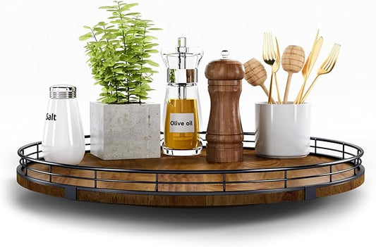 Farmhouse Oak 16" Lazy Susan Turntable Organizer for Cabinet, Round Wooden Lazy Susan Organization and Storage for Dining Table, Pantry, Kitchen, Countertop, Cupboard,Home Decor, Walnut Wood (16")