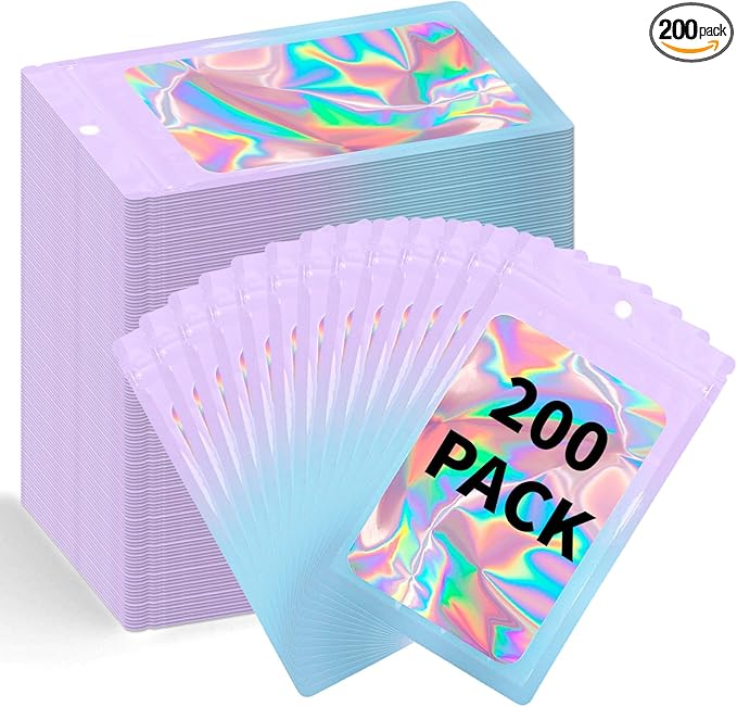 200 Pack Resealable Mylar Holographic Bags Food Storage Smell Proof Bags with Front Window Foil Packaging Pouch for Candy Sample Jewelry Small Business 4.13×5.91 Inch, Pink Fade Blue