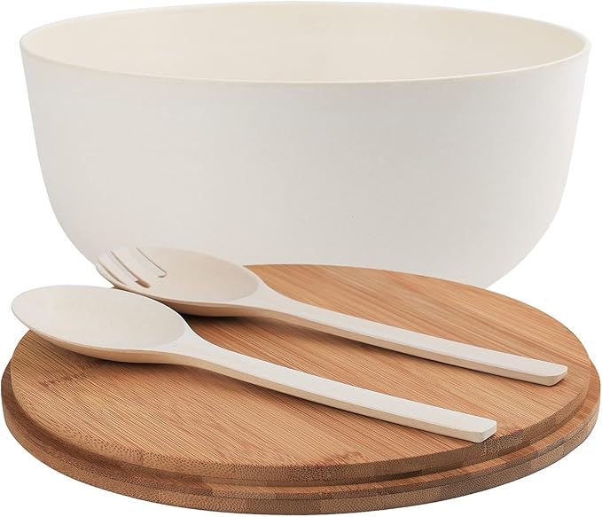 Bamboo Fiber Salad Bowl with Servers Set Large 9.8inches Nature Bamboo Mixing Bowl with Servers with Lid Spoon and Fork for Fruits,Salads and Vegetables