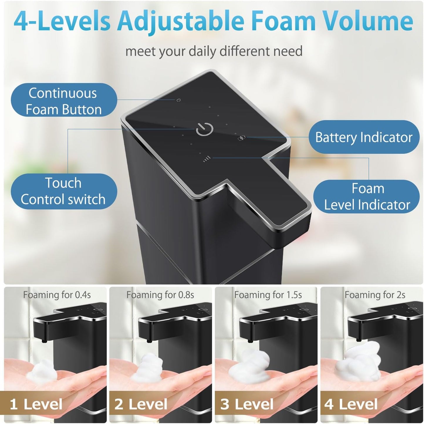 Automatic Foaming Soap Dispenser Touchless 380ml/12.8oz Rechargeable Hand Soap Dispenser Wall Mounted 4 Levels Adjustable Foam Soap Pump for Bathroom Kitchen Dish Soap