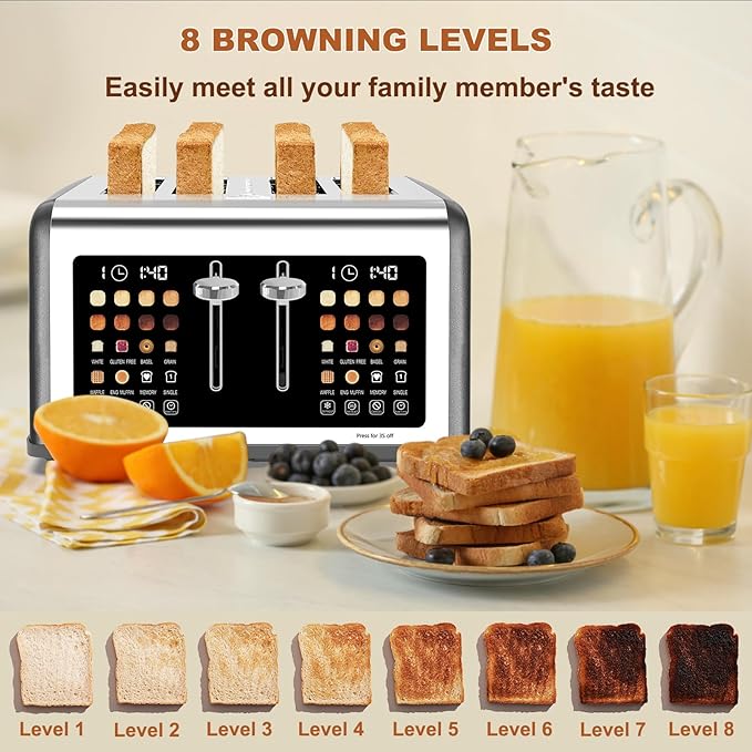 4 Slice Toaster Touch Screen, Stainless Steel Toasters Digital Timer, Dual Control Panel Toasters, 8 Shade Settings 6 Bread Types for Bagel, Cancel, Defrost 1650W Grey