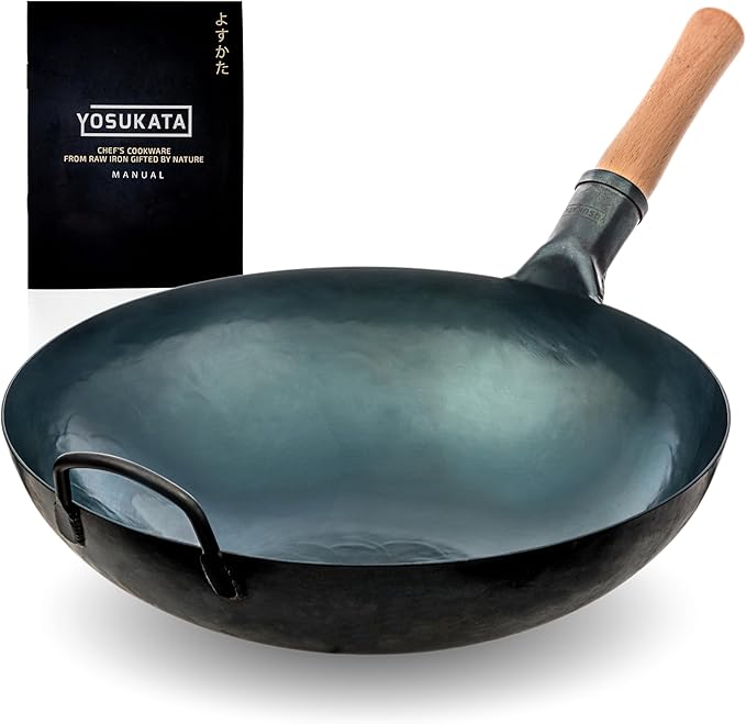 YOSUKATA 14” Round Bottom Carbon Steel Wok Pan – Blue Pre-Seasoned Pow Wok for Stir Fry, BBQ, Grill & Camping – Traditional Japanese & Chinese Cookware – Compatible with Gas Stoves & Open Fire Only