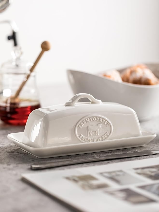 Cow Butter Dish, Ceramic Butter Dish with Lid for Countertop, White Butter Tray with Handle, Farmhouse Covered Butter Holder Container for East West Coast Butter Storage