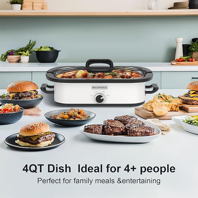 Magnifique 4-Quart Slow Cooker with Casserole Manual Warm Setting - Perfect Kitchen Small Appliance for Family Dinners, Dishwasher Safe Crock, White