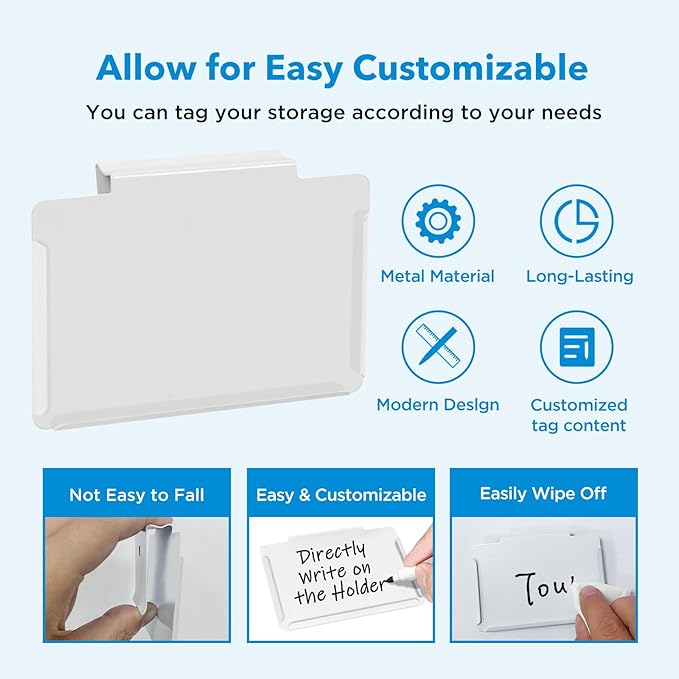 Metal Pantry Baskets Labels Clip On for Storage Bins | Edge Fold-Cream (Edge Fold-White, 18 Metal Label Clip)