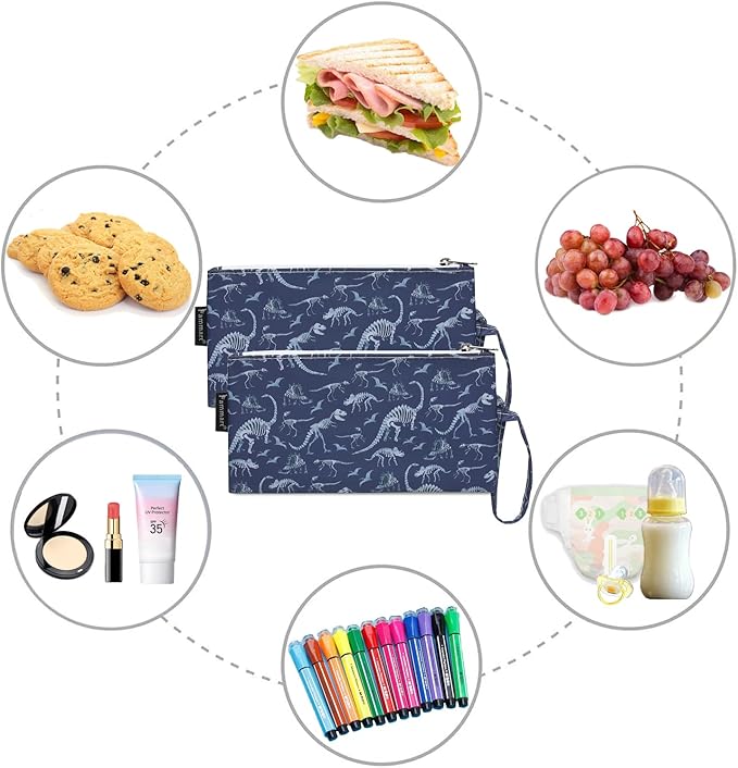 Reusable Sandwich Bag/Snack Bag for Kids & Adults, Dual Layer Lunch Bag with Handle, Washable, Food Safe, BPA Free (2-Pack, Dinosaur Fossil)