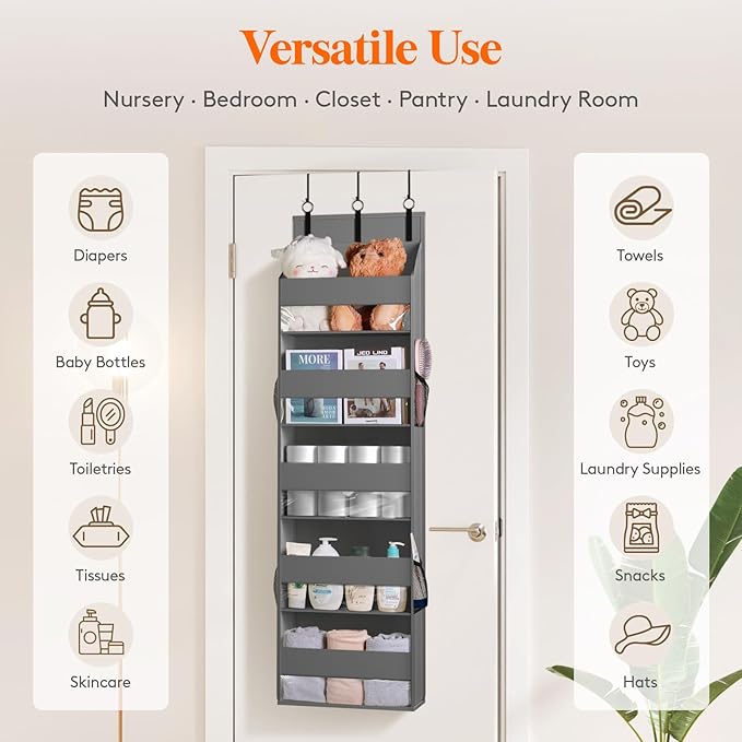 Lifewit 8 Packs Over the Door Organizer, 5 Shelf Clear Window Hanging Storage with 4 Mesh Side Pockets, Anti Tilt 40 lbs Load Behind Door for Pantry, Nursery, Bathroom, Bedroom, Kitchen, Dorm, Grey