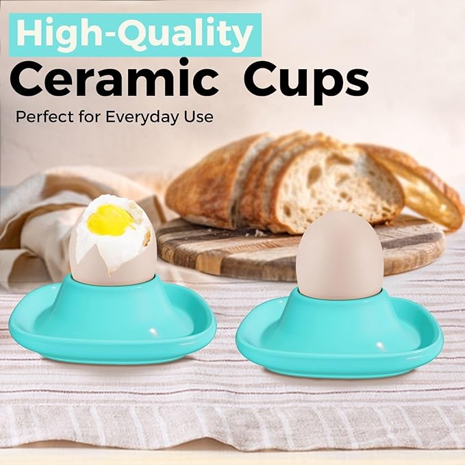 Flexzion Egg Cups for Soft Boiled Eggs - Set of 6 Ceramic Egg Holder - Stackable Egg Coddler Cups with Base for Serving, Breakfast, Brunch - Kitchen Table Decor, Blue