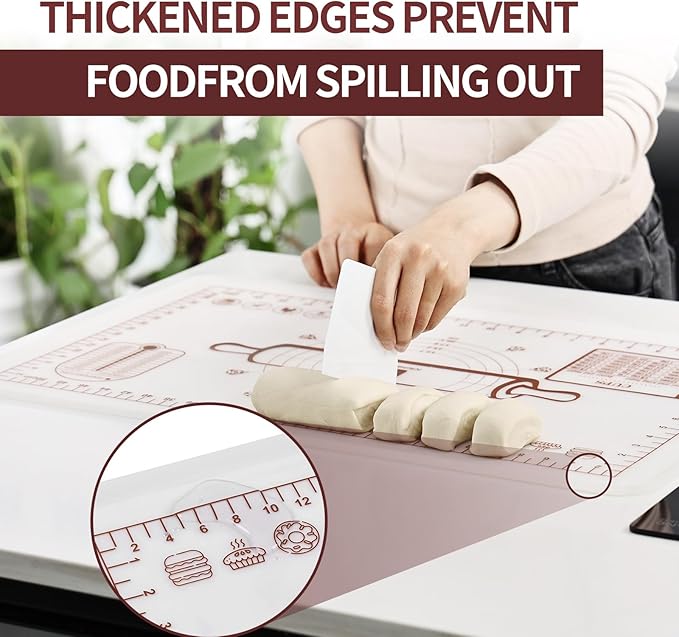 Silicone Baking Mat, Extra Thick Dough Rolling Pad with Measurements and Edge Heightening, Non-stick Food Grade Silicone Pastry Mat for Pastry, Bread, Cookies (Transparent, 20"L x 28"W)