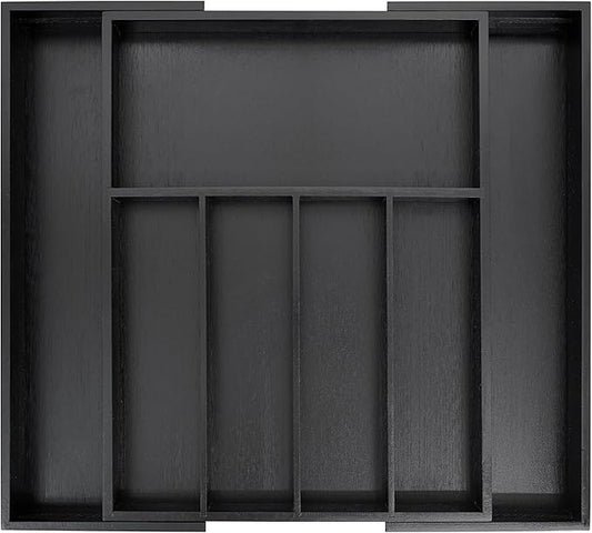 VaeFae Premium Bamboo Drawer Organizer, Expandable Silverware Drawer Organizer, Cutlery Tray with Dividers for Kitchen Utensils (Black, Large)