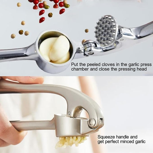 Garlic Press and Herb Scissors Set, 6 Pieces with Garlic mincer and Multipurpose Scissors, Rustproof Tools for Kitchen Use (Silver) (Silver+Green)