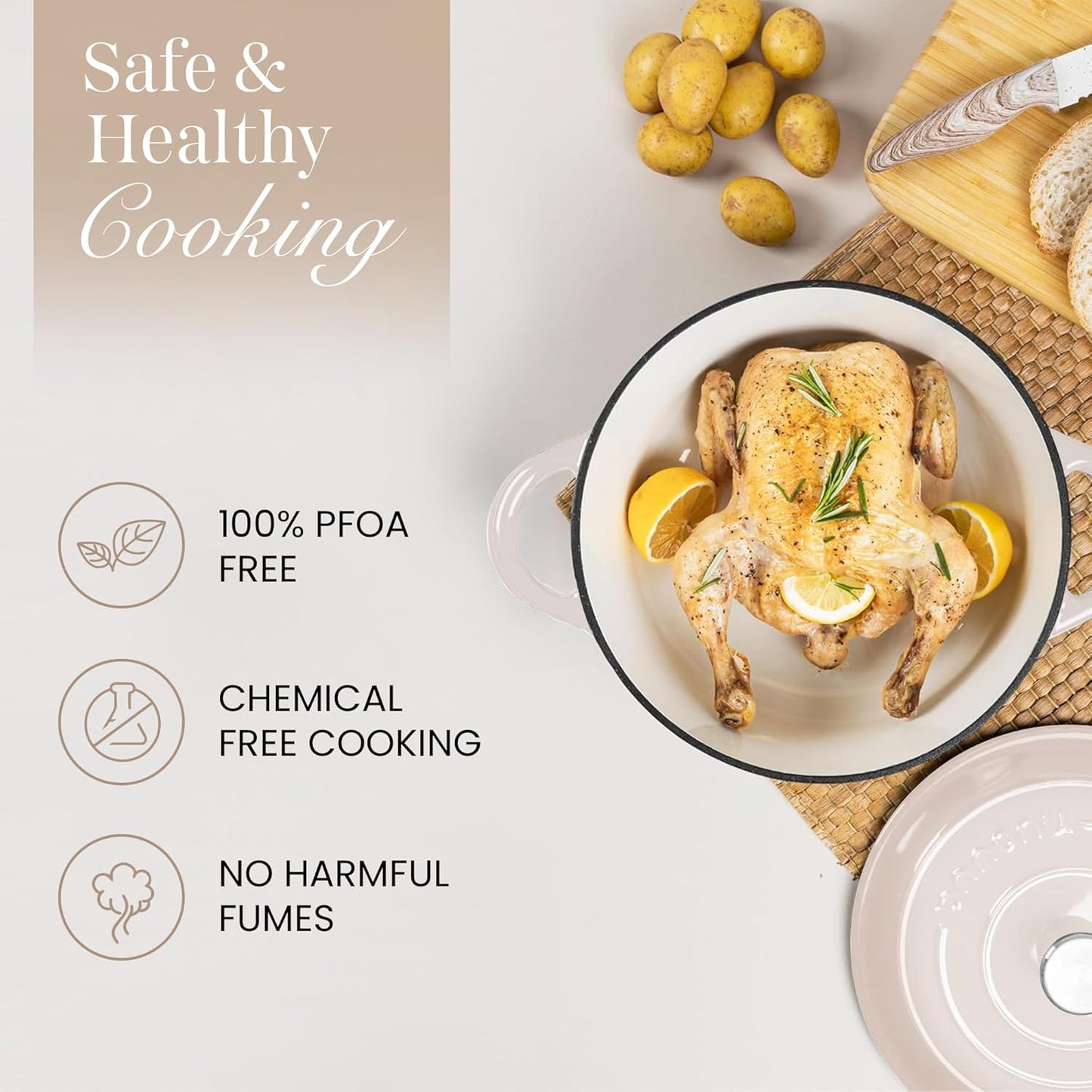 Nuovva Enamelled Cast Iron Dutch Oven Pot with Lid 6.4 Quart Non Stick Casserole Pot – Heavy Duty & Oven Safe up to 500° F for Bread Baking, Braising, Stews, Roasting – 28cm Oyster