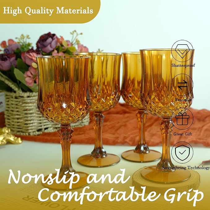 Plastic Wine Glasses，Plastic Goblets Vintage Style Cordial Drinking Glasses for Wedding Reception, Grand Event Party Supplies (12, Amber)