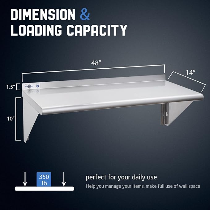 Profeeshaw NSF Stainless Steel Shelf 14” x 48”, 350 lb Commercial Shelves Wall Mounted Metal Shelving with Backsplash and 2 Brackets for Restaurant, Bar, Utility Room, Kitchen and Garage