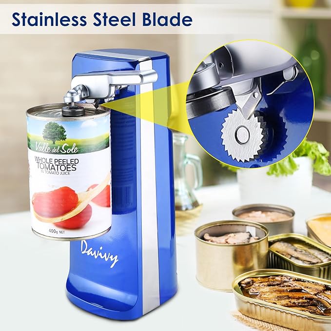 Davivy Electric Can Opener for One Touch Lid Opening,Removable Stainless Steel Cutter and 3-in-1 Design with Knife Sharpener and Bottle Opener. Blue