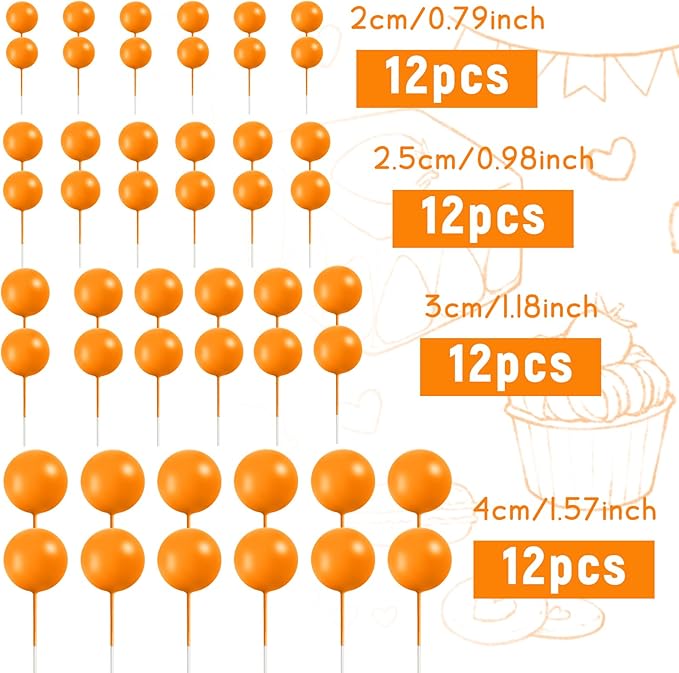 48 Pcs Orange Balls Cake Topper Decorations Balloon Cupcake Toppers Foam Cake Topper Balls for Thanksgiving Halloween Birthday Party Wedding Anniversary Cake Decorating