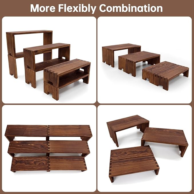 Display Wood Risers Wooden Stand 3 Tier 4 Set 12 Pieces Tiered Desert Wooden Stands Decorative Rectangular Display Cupcake Stands Cologne Perfume Racks(Brown)