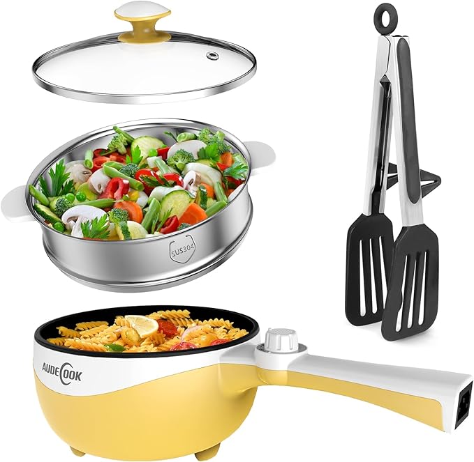 Audecook Hot Pot Electric with Steamer, 1.7L Mini Electric Skillet Portable Nonstick Sauté Pan with Power Adjustment, Rapid Noodles Cooker Travel Multicooker for Steak/Soup/Egg/Oatmeal/Noodles