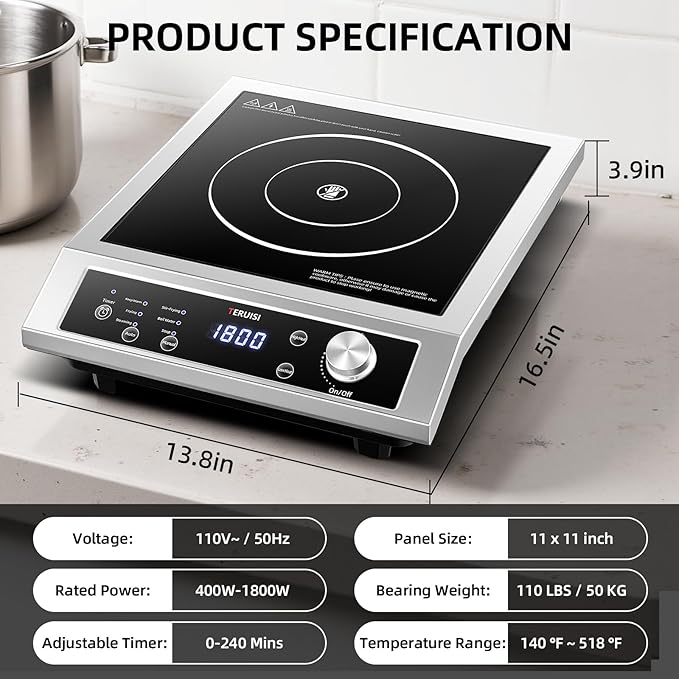 Induction Cooktop Commercial, 1800W Electric Stove with 18/10 Stainless Steel, 4 Hours Timer, 6 Preset Functions, 8 Temp/Power Levels, Portable Countertop Burner for RV Home Kitchen