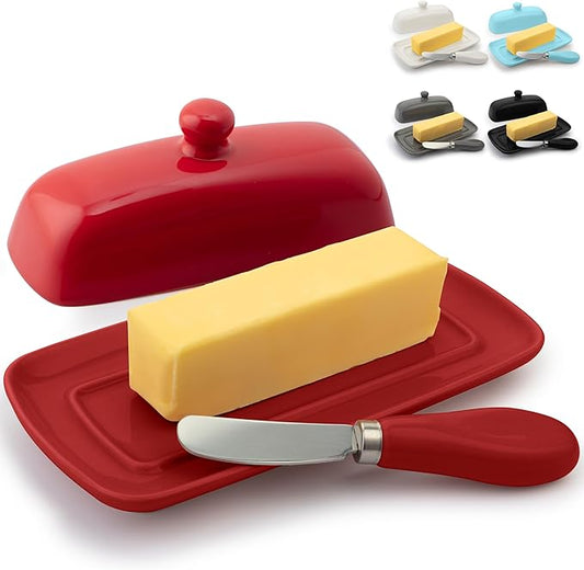 Zulay Butter Dish With Lid For Countertop - Porcelain White, Ceramic Butter Dish with Knob Handle Great for Cooking - Elegant Design Butter Holder - Durable & Sturdy Butter Keeper - Red