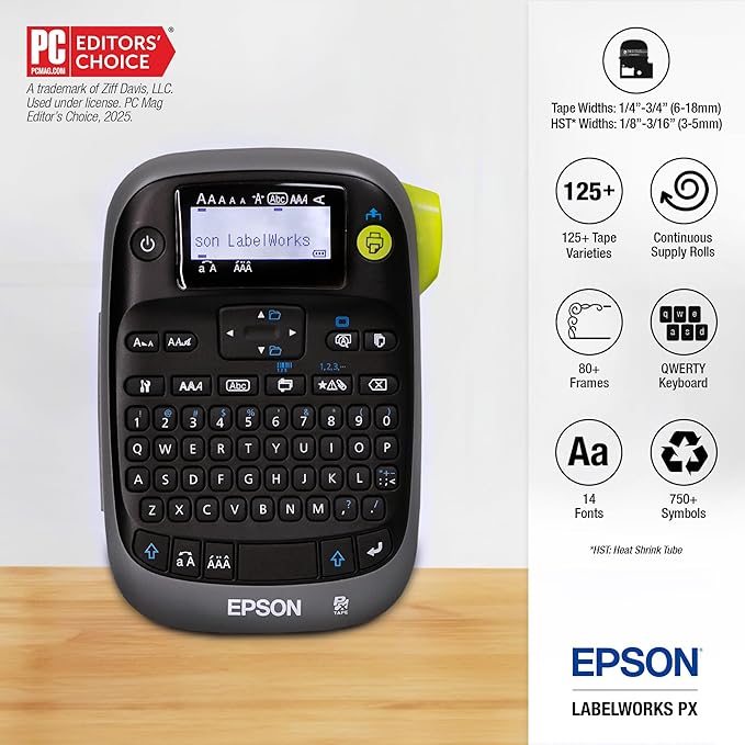LABELWORKS Epson LW-PX300ADPT Industrial Label Maker for Office with Adapter – Sticker Labels, Magnetic Label Compatible, Only Uses 203 and 205 Shrink Tubes, Label Printer & Adapter