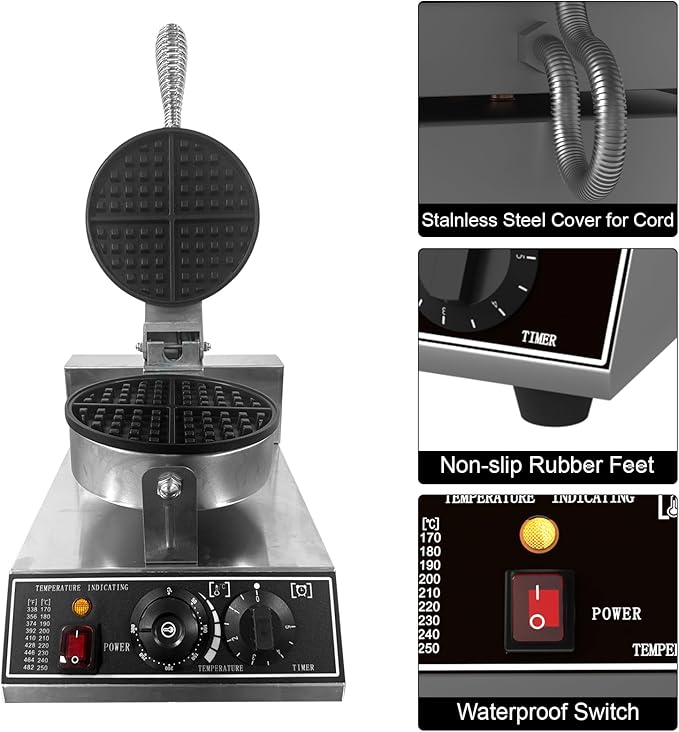 Commercial Waffle Maker for Home and Restaurant,1200 W Nonstick Waffle Iron, Single Head Stainless Steel Waffle Maker,No Rotation