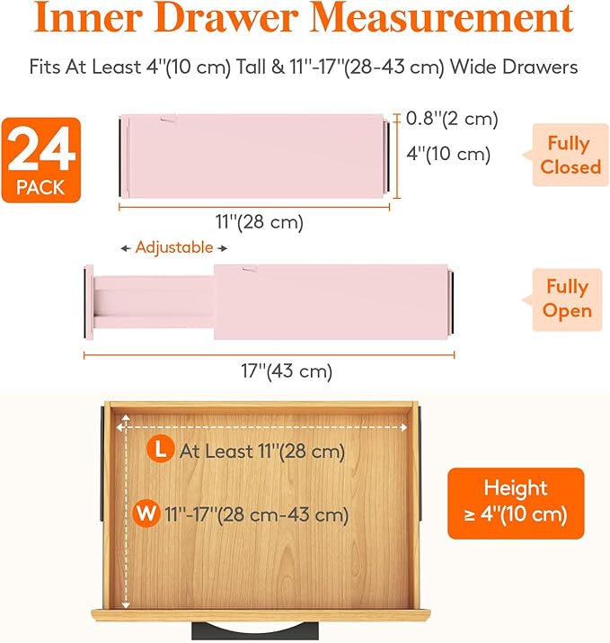 Lifewit 24 Pack Drawer Dividers 4" High, 11-17" Adjustable Dresser Drawer Organizers for Clothes, Expandable Dresser Separators in Bedroom/Bathroom/Kitchen/Vanity/Office Organization and Storage,Pink