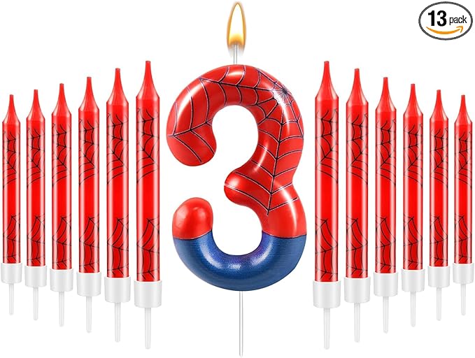 13 Pcs Spider Themed Birthday Candle Set Red Spider Theme Number 3 Candle Cake Topper for Boys Girls Birthday Decoration Spider Party Decoration Supplies (Number 3)