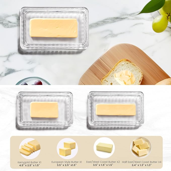 Wide Glass Butter Dish with Cover for Countertop,Vintage Crystal Butter Keeper for Counter,Covered Glass Butter Holder,Butter Holder for Refrigerator,Butter Tray with Two Stick 4oz Butter
