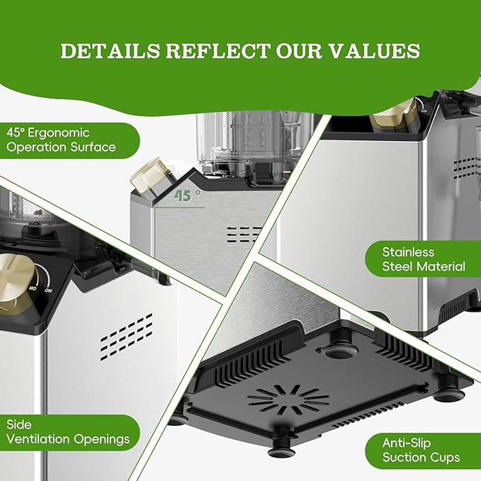 Cold Press Juicer, Juicer Machines with 4.35'' Wide Feed Chute, Stainless Steel Masticating Juicers Easy to Clean, Ergonomic Operational Panel Design, High Juice Yield, Golden Knob