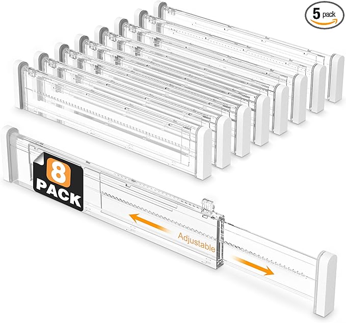 HiYZ Expandable Drawer Dividers - 12.6-22.8'' Adjustable Drawers Organizers for Kitchen Utensils, Drawer Separators in Bedroom, Dresser, Office, Bathroom, Fridge, 8 Pack Long Dividers-Clear