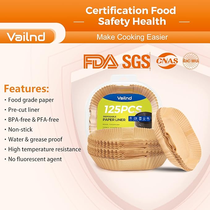 Vailnd 9inch Square Air Fryer Disposable Paper Liners, 125PCS Non-Stick Food Grade Air Fryer Parchment Liner, Oil Resistant, Waterproof, Food Grade Baking Paper for 8-12 QT Air Fryer Microwave