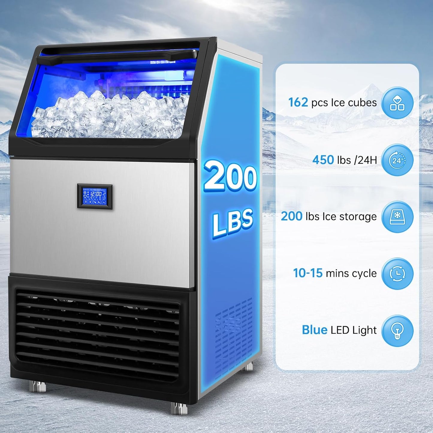 Ice Machine Commercial Ice Maker Machine, 450 Lbs /24H, 200 lbs Bin, Under Counter Built-in or Freestanding, Stainless Steel Household Use, Restaurant Bar Kitchen Cafe