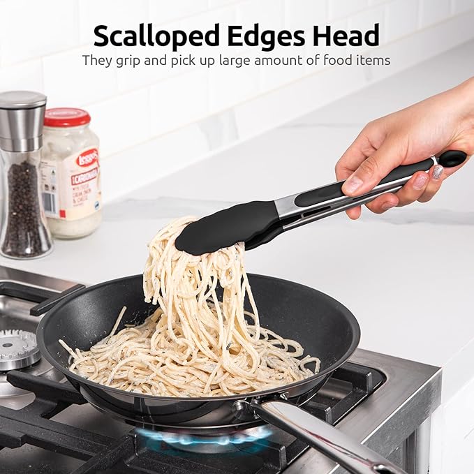 Heat Resistant Silicone Kitchen Tong: U-Taste 9 inch 480ºF Hot Proof Cooking Tong with Firm Sealed Non Stick Rubber Tips & Silicon Coated Steel Handle & Smooth Locking for Serving Grill Salad (Black)