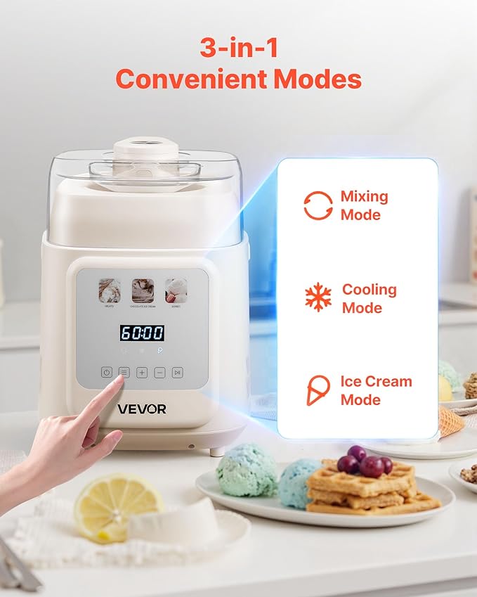 VEVOR Upright Automatic Ice Cream Maker with Built-in Compressor, 1 Quart No Pre-freezing Gelato Maker & Frozen Yogurt Machine, 4 Modes Electric Sorbet-Maker, Compressor Ice Cream Machine for Home