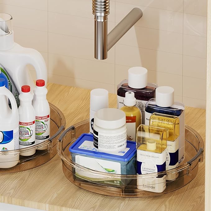 LAMU 3 Pack Lazy Susan Organizer Turntable for Cabinet, Condiment Organizer for Kitchen Pantry Organizers and Storage, Table Top, Fridge, Countertop, Spice Organization, 12'' 10.6'' 9.25'', Amber