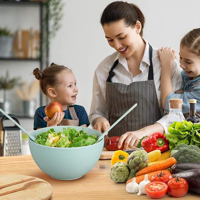 11.3" Extra Large Salad Bowl with Wooden Lid & Servers, 208Oz, Oversized Bamboo Fiber Salad Serving Set with Utensils for Home/Kitchen, Big Lightweight Bowl for Mixing Salad,Fruit,Pasta - Turquoise