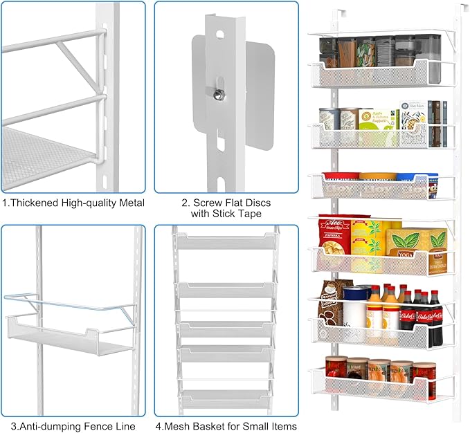 Over the Door Pantry Organizer, 6-Tier Over the Door Organizer with Adjustable Basket, Pantry Door Organization for Pantry Kitchen Storage Room Spice Rack, White
