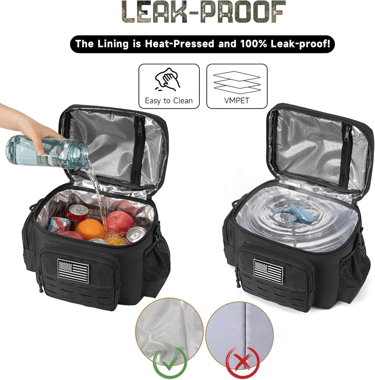 QT&QY Tactical Lunch Bag for mens Military heavy duty lunch box work Leakproof insulated Durable Thermal Cooler Bag for Adult Meal for Office Camping Picnic Pail MOLLE Webbing Black