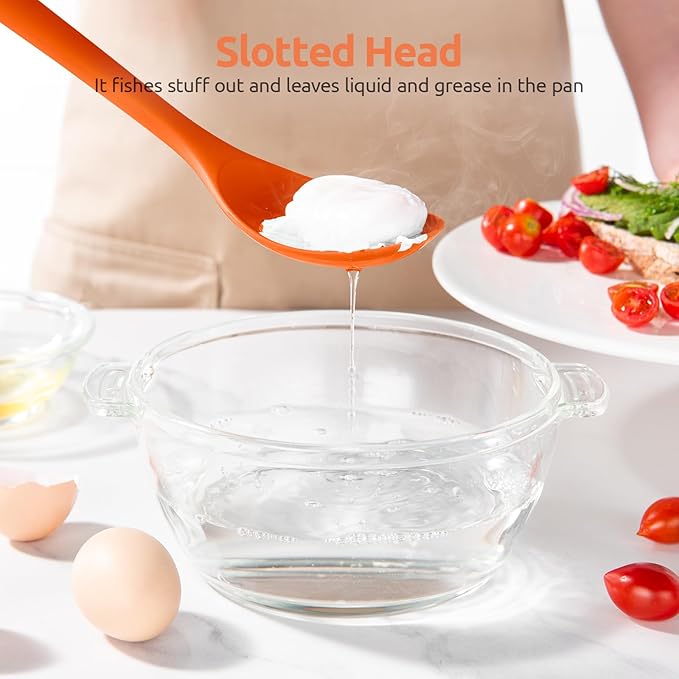600ºF Heat Resistant Slotted Spoon: U-Taste 13.3in Solid Kitchen Cooking Spoon, Nonstick Food Grade Large & Long Rubber Utensil for Mixing, Serving, Stirring, Basting, Frying, Draining (Orange)