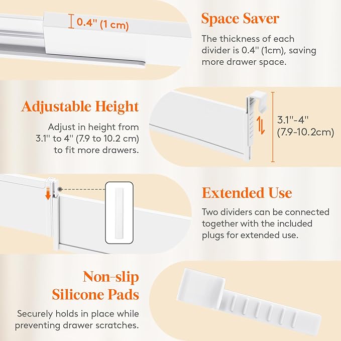 Lifewit Hanging Kitchen Drawer Dividers 3.1" High, 10-17" Adjustable Drawer Organizers for Utensils, Expandable Dresser Separators in Kitchen/Bedroom/Bathroom/Vanity/Office, White(4 Pack)